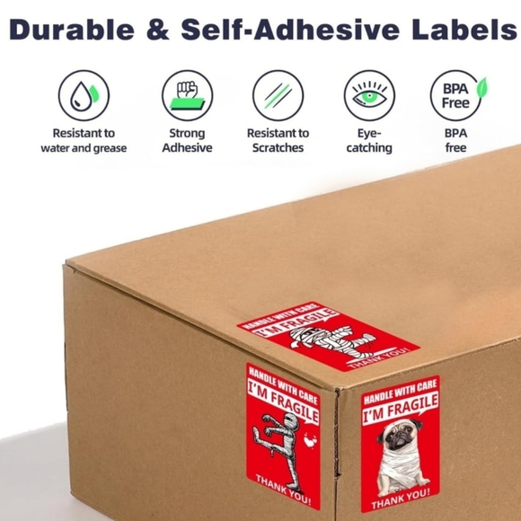 Fragile Labels - Funny Mummy & Dog - 50 count - 3" x 2" - Red Black White - Picture 3 of 3